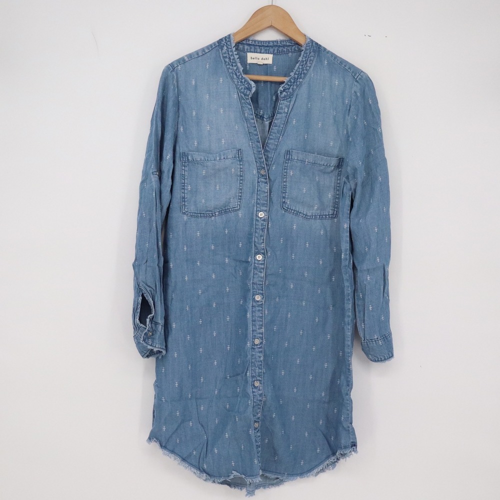 Bella Dahl Shirt Dress Womens S Blue Geometric Frayed Excellent